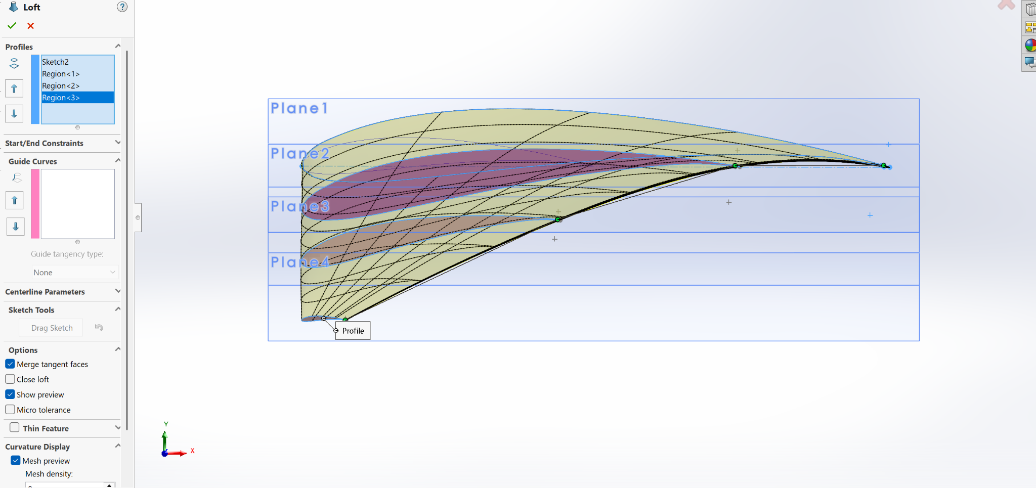 Loft across four profile planes
